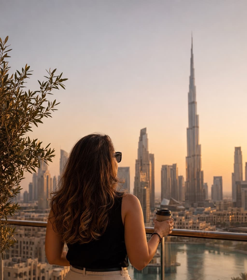 Michelle Reinhard in front of the Dubai skyline